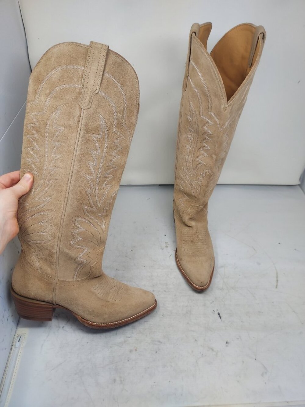 Tecovas WOMENS Driftwood Beige Suede Tall The Abby Western Cowboy Boot